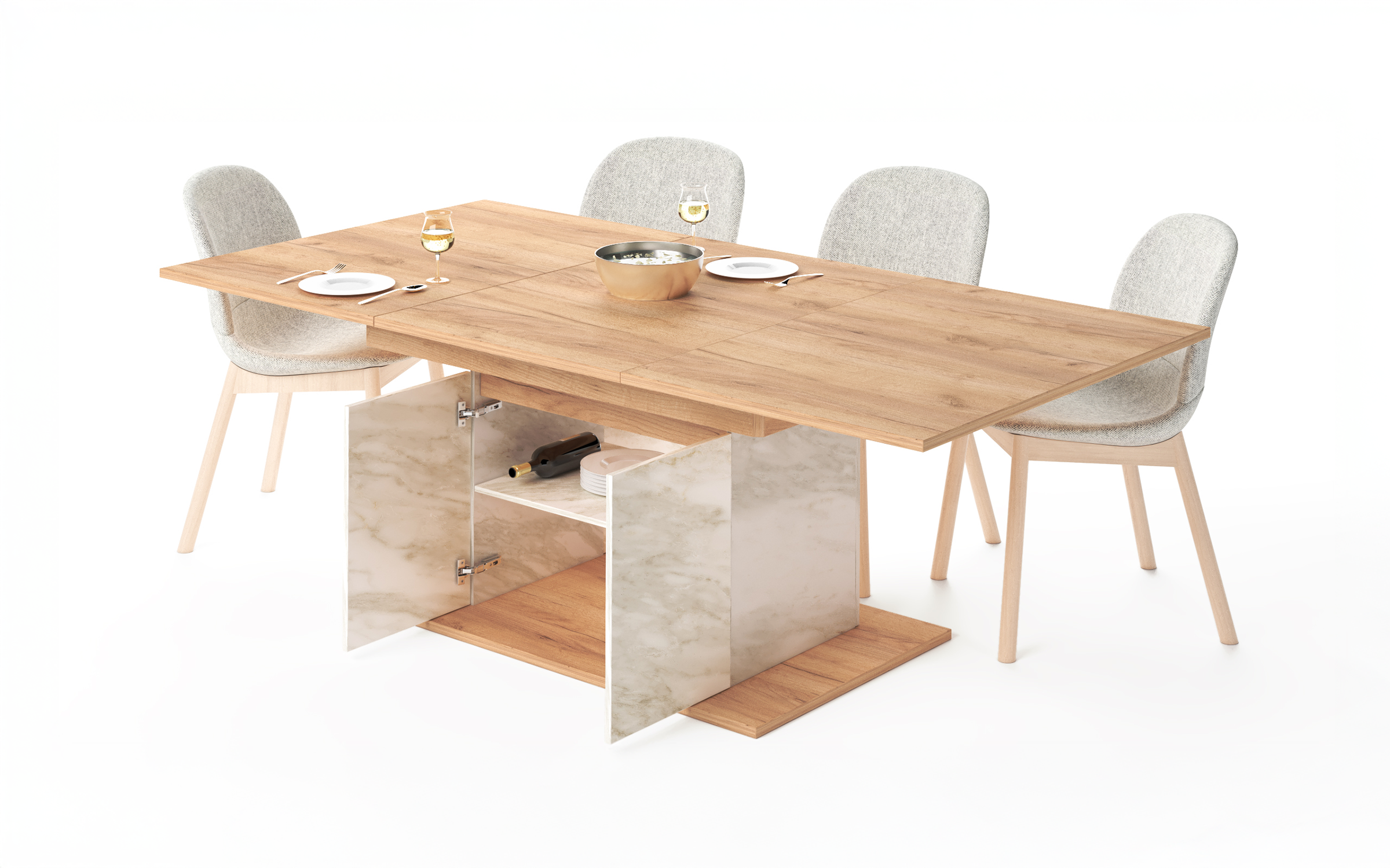 Masa dining extensibila Selera, stejar craft auriu + decor marmura alba  2
